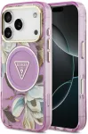 Dėklas Guess IML Glitter Flowers Triangle MagSafe do iPhone 18 Pro Max / 17 Pro Max violetinė