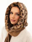 Kepurė Moteri&scaron;kas kailinis gobtuvas su rai&scaron;teliais, leopardo ra&scaron;to, &scaron;viesiai rudas