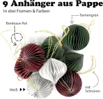 Micasa Sucasa pakabinamų dekoracijų rinkinys i&scaron; 9 dalių - Kalėdiniai žaisliukai ir kankorėžiai žalios, raudonos, baltos spalvų - 6 cm Kalėdinė dekoracija su integruota virvele - Popierinės žvaigždės kabinimui 3d dizaino eglutei