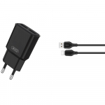 XO sieninis įkroviklis L92C 2x USB 2,4A juodas + USB-C laidas