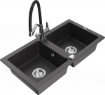 Granitinė virtuvinė plautuvė Mexen Mario su mai&scaron;ytuvu ir sifonu, Juodas granite+Juodas/Chrome