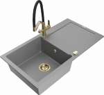 Granitinė virtuvinė plautuvė Mexen Leo su mai&scaron;ytuvu ir sifonu, Pilkas+Juodas/Gold