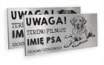 Įspėjamoji lentelė atsargiai, teritoriją saugo &scaron;uo su &scaron;uns vardu, dibond, 20x10 cm, dizainai