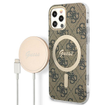Apple iPhone 12 / 12 PRO Guess dėklas 4G Print MagSafe + Belaidis Įkroviklis (GUBPP13XH4EACSP) rudos spalvos