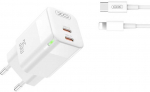 XO laidinis įkroviklis CE07 PD 35W 2x USB-C baltos spalvos + USB-C - Lightning kabelis
