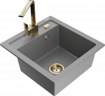 Granitinė virtuvinė plautuvė Mexen Vito su mai&scaron;ytuvu ir sifonu, Pilkas+Gold
