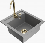 Granitinė virtuvinė plautuvė Mexen Vito su mai&scaron;ytuvu ir sifonu, Pilkas+Gold