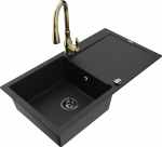 Granitinė virtuvinė plautuvė Mexen Leo su mai&scaron;ytuvu ir sifonu, Juodas+Gold