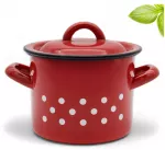 Tragar Emaliuotas puodas su dangčiu 16cm, 2.3l, raudonas su baltomis dėmėmis