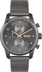 Laikrodis Boss Vyri&scaron;kas Chronografas 44mm Pilkas Ciferblatas Nerūdijančio Plieno Tinklelio Apyrankė