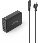 Hama GaN 140W PD/QC 3x USB-C, 2x USB-A juoda