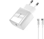 Devia I&scaron;manusis kelioninis įkroviklis | 20W | PD | USB-C | su Lightning į USB-C kabeliu komplekte | baltas