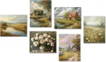 Plakatas Dazzlewall Vintage prancūzi&scaron;ko stiliaus drobės paveikslai, kaimi&scaron;ki botanikos meno spaudiniai plakatai sodybai, svetainei, miegamojo dekorui, 20 x 25 cm, be rėmo, 6 vnt. rinkinys
