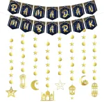 Ramadan Mubarak auksinės žvaigždės mėnulio žibinto girlianda, Eid Mubarak pakabinamas ženklas islamo dekoracijos Eid festivalio vakarėlio dekoravimui, Ramadan Kareem dekoro reikmenys