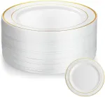 5five Simply Smart 50 vnt. baltų plastikinių lėk&scaron;čių su auksiniu apvadu, 19 cm