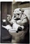Plakatas Kustom Art paveikslų serija gyvūnai baldai tualetas anglų buldogas ant vandens su telefonu atspaudas ant medžio 25 x 18 cm