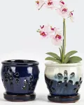 Vensovo keraminiai orchidėjų vazonai su skylėmis ir padėkliukais, 10 cm mažas vazonas sukulentams persodinti, sodo gėlių vazonai vidaus ir lauko augalams, skatina oro cirkuliaciją