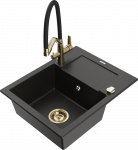 Granitinė virtuvinė plautuvė Mexen Enzo su mai&scaron;ytuvu ir sifonu, Metallic juodas/auksinis+Juodas/Gold