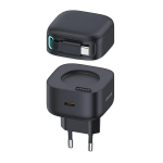 USAMS Laidinis įkroviklis 1xUSB-C su suvyniojamu kabeliu USB-C Retractable PD+QC 35W Gan Fast Charging juodos spalvos XMF Series CC202TC01 (US-CC202)