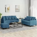 Sofa Sofos komplektas su pagalvėlėmis, 3 dalių, mėlynas, aksomas