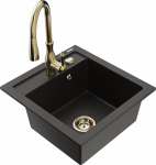 Granitinė virtuvinė plautuvė Mexen Vito su mai&scaron;ytuvu ir sifonu, Metallic juodas/auksinis+Gold