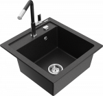 Granitinė virtuvinė plautuvė Mexen Vito su mai&scaron;ytuvu ir sifonu, Metallic juodas/sidabrinis+Juodas/Chrome