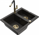 Granitinė virtuvinė plautuvė Mexen Carlos su mai&scaron;ytuvu ir sifonu, Metallic juodas/auksinis+Juodas/Gold