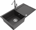 Granitinė virtuvinė plautuvė Mexen Leo su mai&scaron;ytuvu ir sifonu, Juodas granite+Chrome