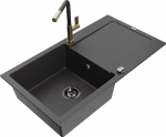 Granitinė virtuvinė plautuvė Mexen Leo su mai&scaron;ytuvu ir sifonu, Juodas granite+Juodas granite/Gold