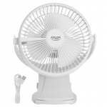 Ventiliatorius Adler Rechargeable Clip-on Desk Fan | AD 7342 | Table Fan | Baltas | Diameter 15.5 cm | Greičių skaičius 3 | Oscillation | 5 W