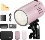 Objektyvas Godox Rožinės spalvos Ad100pro rinkinio blykstė fotografijai, 100ws 2.4g belaidė Hss 1/8000s lauko blykstė, 2600 Mah baterija 0.01, Ttl Hss, lengva, ne&scaron;iojama, kompakti&scaron;ka, skirta fotoaparatui, modeliavimo lemputė