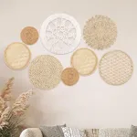 Detene 8 dalių pintų sieninių krep&scaron;elių rinkinys boho sieninių krep&scaron;elių dekoras plok&scaron;čias pintas krep&scaron;elis sienų dekoravimui macrame kutas pintas sieninis krep&scaron;elis dekoracija menui svetainei sodybai vaikų kambariui