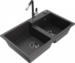 Granitinė virtuvinė plautuvė Mexen Tomas su mai&scaron;ytuvu ir sifonu, Juodas granite+Juodas/Chrome