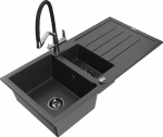 Granitinė virtuvinė plautuvė Mexen Andres su mai&scaron;ytuvu ir sifonu, Juodas granite+Juodas/Chrome