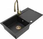 Granitinė virtuvinė plautuvė Mexen Leo su mai&scaron;ytuvu ir sifonu, Metallic juodas/sidabrinis+Gold