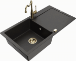 Granitinė virtuvinė plautuvė Mexen Leo su mai&scaron;ytuvu ir sifonu, Metallic juodas/auksinis+Gold