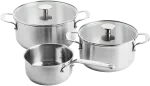 KitchenAid - Nerūdijančio plieno lak&scaron;tų rinkinys: 20 cm tro&scaron;kintuvas su dangčiu, 24 cm tro&scaron;kintuvas su dangčiu, 16 cm puodas (be dangčio) - sidabro spalvos
