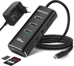Rshtech aliumininis 5-in-1 usb 3.2 gen2 aktyvusis &scaron;akotuvas su maitinimo &scaron;altiniu, sd/tf kortelių skaitytuvas, 3 x 10 gbps duomenų prievadai, 10 w 5 v/2 a maitinimo &scaron;altinis ir 60 cm kabelis (c tipo į a tipą)