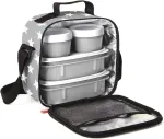 Tatay &scaron;altkrep&scaron;is mažas, 3 l talpos, 4 plastikiniai maisto indai (2 x 0,5 l, 2 x 0,2 l) be Bpa, pilkas su žvaigždėmis. Matmenys: 22,5 x 10 x 22 cm