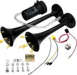 Wadeo 118 Db suspausto oro signalas sunkvežimio signalas 12 V oro signalas dvigubo vamzdžio signalas chromuotas cinko dvigubas trimitas oro signalas su kompresoriumi visoms 12 V transporto priemonėms sunkvežimiui traukiniui automobiliui furgonui valč ...