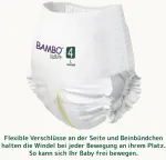 Bambo Nature kelnaitės-sauskelnės, dydis 4 (7-12 kg) - 100 vnt. mėnesio pakuotė | sauskelnės-kelnaitės su patobulinta apsauga nuo pratekėjimo | didžiausias komfortas ir laisvė aktyviems vaikams | dermatologi&scaron;kai patikrintos sauskelnės