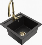 Granitinė virtuvinė plautuvė Mexen Vito su mai&scaron;ytuvu ir sifonu, Metallic juodas/sidabrinis+Gold