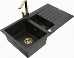 Granitinė virtuvinė plautuvė Mexen Matias su mai&scaron;ytuvu ir sifonu, Metallic juodas/auksinis+Gold