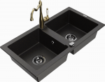 Granitinė virtuvinė plautuvė Mexen Mario su mai&scaron;ytuvu ir sifonu, Metallic juodas/auksinis+Gold
