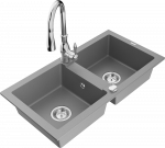 Granitinė virtuvinė plautuvė Mexen Mario su mai&scaron;ytuvu ir sifonu, Pilkas+Chrome