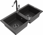 Granitinė virtuvinė plautuvė Mexen Mario su mai&scaron;ytuvu ir sifonu, Juodas granite+Juodas/Chrome
