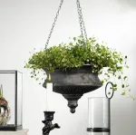 Skandi pakabinamas metalinis gėlių vazonas, juodas, 30 cm, didelis dangtis balkonui, terasai