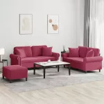Sofa Sofos komplektas su pagalvėmis, 3 dalių, vyno, aksomas