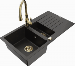 Granitinė virtuvinė plautuvė Mexen Matias su mai&scaron;ytuvu ir sifonu, Metallic juodas/auksinis+Gold
