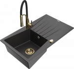 Granitinė virtuvinė plautuvė Mexen Cesar su mai&scaron;ytuvu ir sifonu, Juodas granite+Juodas/Gold